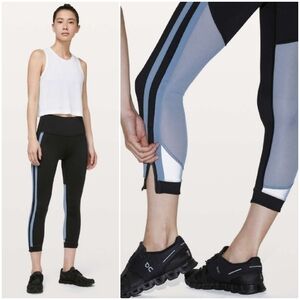 Lululemon Zip The Line Crop Leggings Black with Blue & Mesh Details